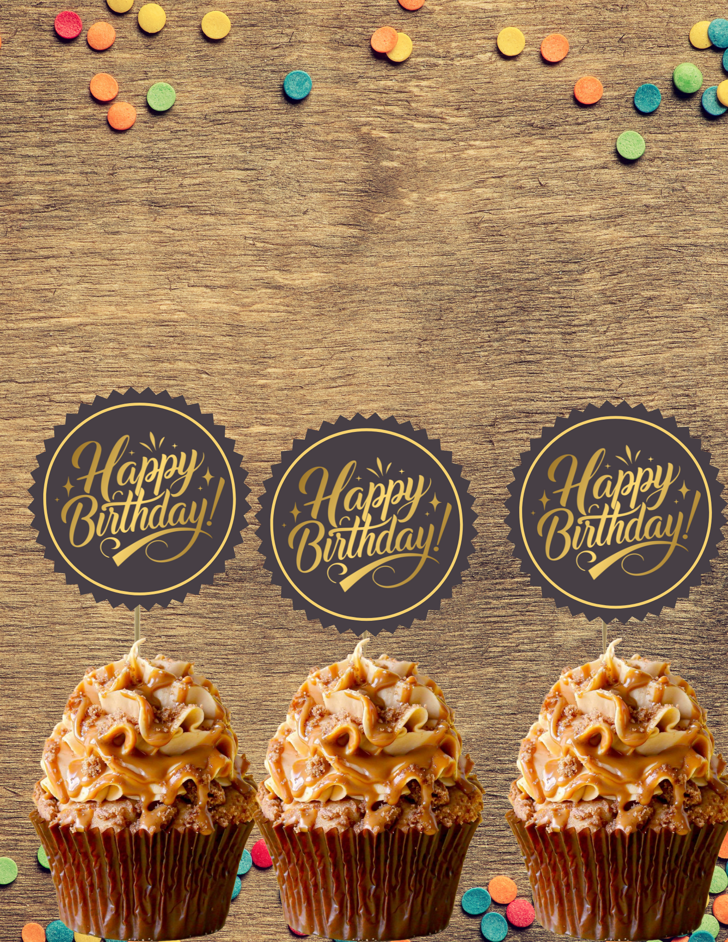 Black and Gold Happy Birthday Printable Cupcake Toppers | Instant Download |Digital