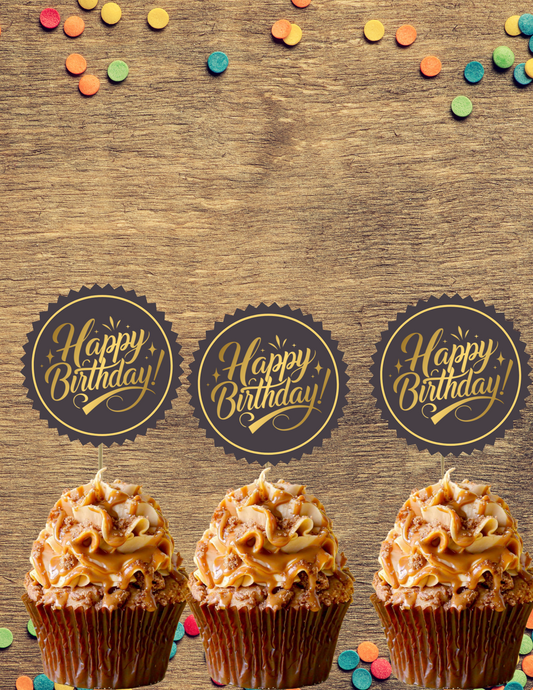 Black and Gold Happy Birthday Printable Cupcake Toppers | Instant Download |Digital