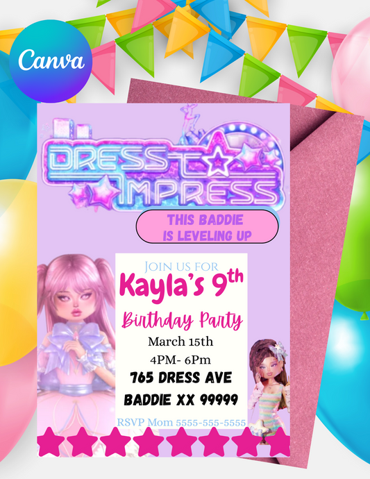 Dress to Impress Editable Birthday Party Invitation | Canva | Digital | Printable